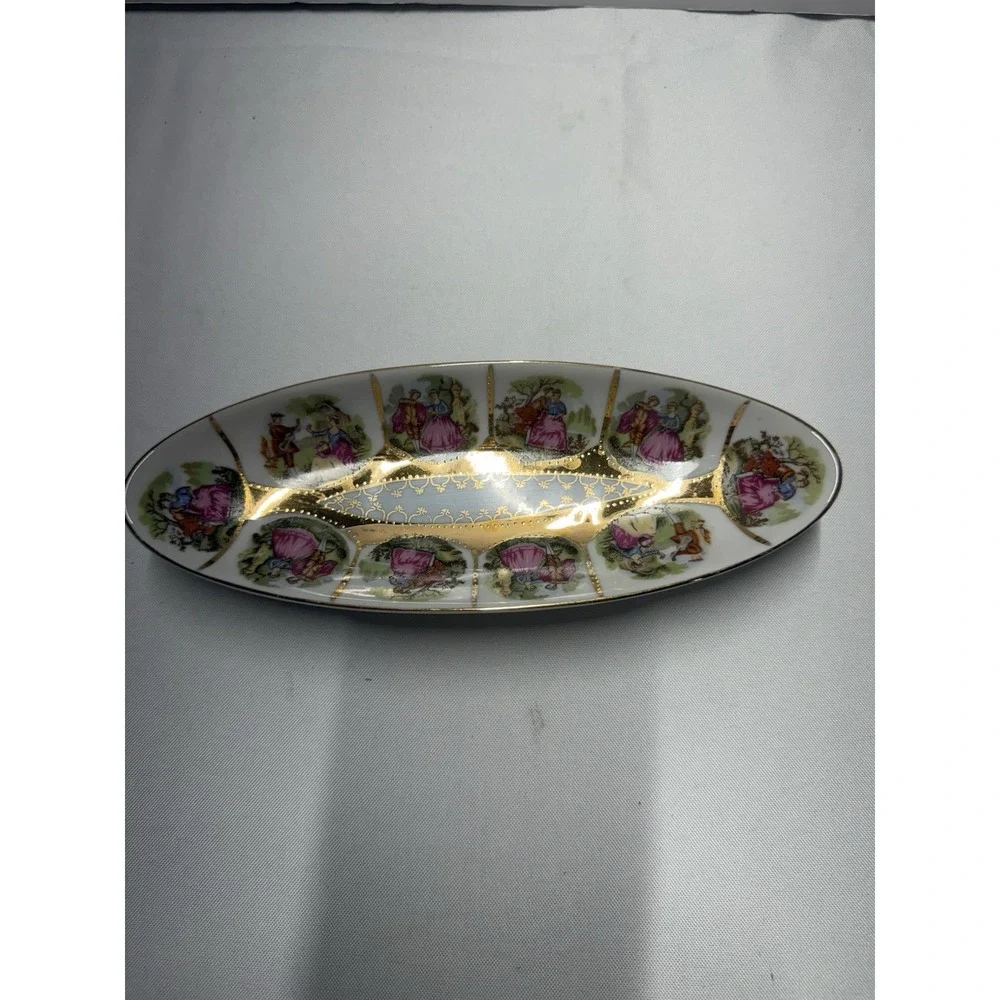 Vintage Porcelain Vanity Tray – Romantic Courting Scene & Gold Gilded Accents